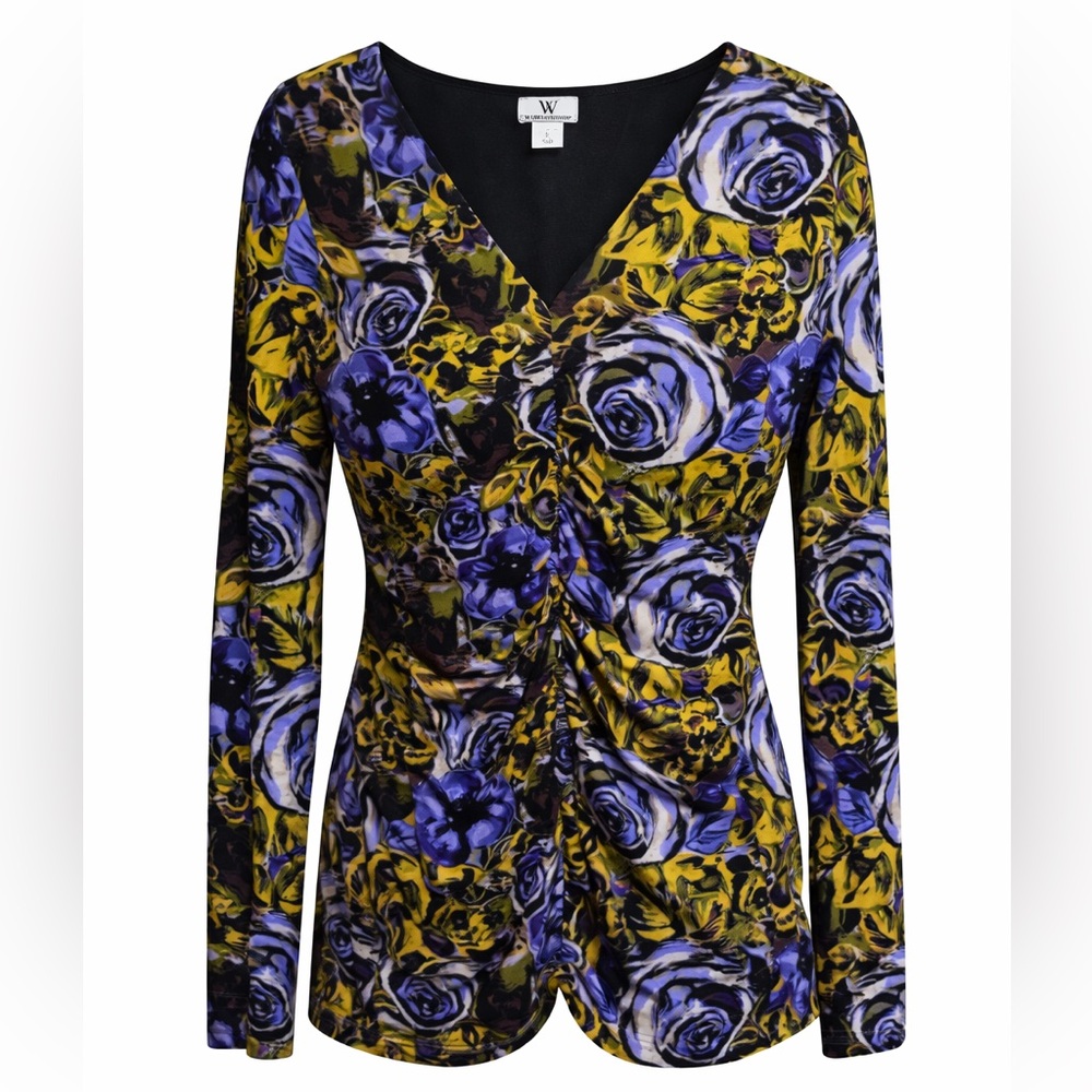 Worthington Purple and Yellow Floral V-Neck Blouse